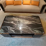 Luxury Marble Coffee Table with Curved Wood Veneer Detailing